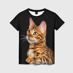 Женская футболка 3D с принтом Бенгальский котёнок на чёрном фоне , 100% полиэфир ( синтетическое хлопкоподобное полотно) | прямой крой, круглый вырез горловины, длина до линии бедер | bengal | cat | cats | kitty | бенгал | бенгальская | бенгальская кошка | бенгальские | бенгальский | кот | котёнок | котята | кошка | леопард | леопардовая | леопардовый