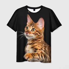 Мужская футболка 3D с принтом Бенгальский котёнок на чёрном фоне в Белгороде, 100% полиэфир | прямой крой, круглый вырез горловины, длина до линии бедер | bengal | cat | cats | kitty | бенгал | бенгальская | бенгальская кошка | бенгальские | бенгальский | кот | котёнок | котята | кошка | леопард | леопардовая | леопардовый