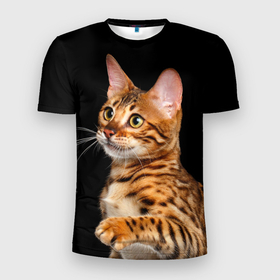 Мужская футболка 3D Slim с принтом Бенгальский котёнок на чёрном фоне в Новосибирске, 100% полиэстер с улучшенными характеристиками | приталенный силуэт, круглая горловина, широкие плечи, сужается к линии бедра | bengal | cat | cats | kitty | бенгал | бенгальская | бенгальская кошка | бенгальские | бенгальский | кот | котёнок | котята | кошка | леопард | леопардовая | леопардовый