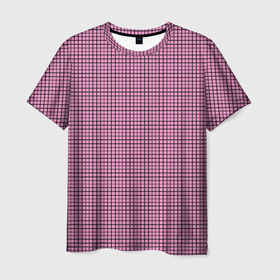 Мужская футболка 3D с принтом Мелкая черно розовая клетка , 100% полиэфир | прямой крой, круглый вырез горловины, длина до линии бедер | 