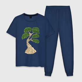 Мужская пижама хлопок с принтом Бонсай стилизованный в  витражной технике в Тюмени, 100% хлопок | брюки и футболка прямого кроя, без карманов, на брюках мягкая резинка на поясе и по низу штанин
 | бонсай | витраж | дерево | зеленый | коричневый | крона | ствол | стилизованный