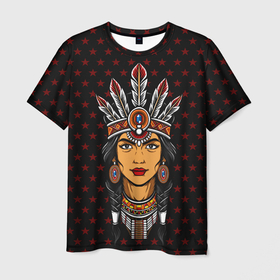 Мужская футболка 3D с принтом Женщина индеец в Петрозаводске, 100% полиэфир | прямой крой, круглый вырез горловины, длина до линии бедер | воин | голова женщины | женщина индеец | звезда | индеец | индианка