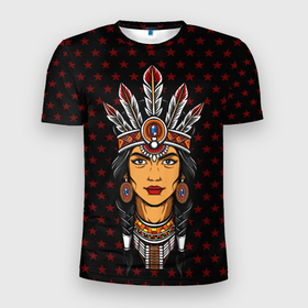 Мужская футболка 3D Slim с принтом Женщина индеец в Тюмени, 100% полиэстер с улучшенными характеристиками | приталенный силуэт, круглая горловина, широкие плечи, сужается к линии бедра | Тематика изображения на принте: воин | голова женщины | женщина индеец | звезда | индеец | индианка