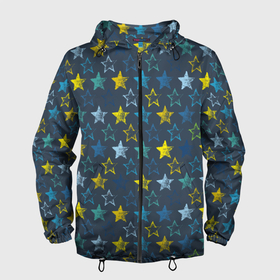 Мужская ветровка 3D с принтом Парад звезд на синем фоне , 100% полиэстер | подол и капюшон оформлены резинкой с фиксаторами, два кармана без застежек по бокам, один потайной карман на груди | star | звезда | звездный | звездочки | паттерн