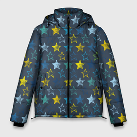 Мужская зимняя куртка 3D с принтом Парад звезд на синем фоне в Курске, верх — 100% полиэстер; подкладка — 100% полиэстер; утеплитель — 100% полиэстер | длина ниже бедра, свободный силуэт Оверсайз. Есть воротник-стойка, отстегивающийся капюшон и ветрозащитная планка. 

Боковые карманы с листочкой на кнопках и внутренний карман на молнии. | Тематика изображения на принте: star | звезда | звездный | звездочки | паттерн