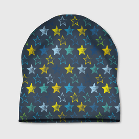 Шапка 3D с принтом Парад звезд на синем фоне в Курске, 100% полиэстер | универсальный размер, печать по всей поверхности изделия | star | звезда | звездный | звездочки | паттерн