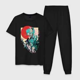 Мужская пижама хлопок с принтом Аяка самурай   Геншин Импакт , 100% хлопок | брюки и футболка прямого кроя, без карманов, на брюках мягкая резинка на поясе и по низу штанин
 | 