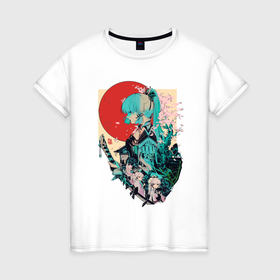 Женская футболка хлопок с принтом Аяка самурай   Геншин Импакт в Петрозаводске, 100% хлопок | прямой крой, круглый вырез горловины, длина до линии бедер, слегка спущенное плечо | 