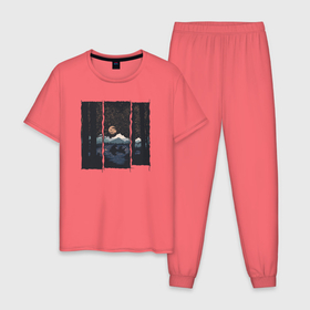 Мужская пижама хлопок с принтом Оранжевая луна и медведи, плывущие в лодке в Петрозаводске, 100% хлопок | брюки и футболка прямого кроя, без карманов, на брюках мягкая резинка на поясе и по низу штанин
 | Тематика изображения на принте: 