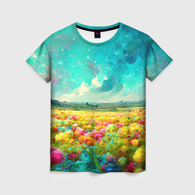 Женская футболка 3D с принтом Бесконечное поле цветов в Новосибирске, 100% полиэфир ( синтетическое хлопкоподобное полотно) | прямой крой, круглый вырез горловины, длина до линии бедер | bright | clouds | colorful | field | flowers | funny | joyful | mountains | multicoloured | nature | positive | sky | stars | summer | sun | бутоны | веселый | горы | звезды | красочные | лето | небо | облака | позитив | поле | природа | радостный | разно