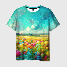 Мужская футболка 3D с принтом Бесконечное поле цветов в Тюмени, 100% полиэфир | прямой крой, круглый вырез горловины, длина до линии бедер | bright | clouds | colorful | field | flowers | funny | joyful | mountains | multicoloured | nature | positive | sky | stars | summer | sun | бутоны | веселый | горы | звезды | красочные | лето | небо | облака | позитив | поле | природа | радостный | разно