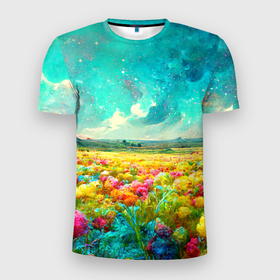 Мужская футболка 3D Slim с принтом Бесконечное поле цветов в Курске, 100% полиэстер с улучшенными характеристиками | приталенный силуэт, круглая горловина, широкие плечи, сужается к линии бедра | bright | clouds | colorful | field | flowers | funny | joyful | mountains | multicoloured | nature | positive | sky | stars | summer | sun | бутоны | веселый | горы | звезды | красочные | лето | небо | облака | позитив | поле | природа | радостный | разно