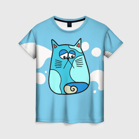 Женская футболка 3D с принтом грустный кот синего цвета в Курске, 100% полиэфир ( синтетическое хлопкоподобное полотно) | прямой крой, круглый вырез горловины, длина до линии бедер | 