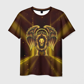 Мужская футболка 3D с принтом золотой лев с крыльями в Екатеринбурге, 100% полиэфир | прямой крой, круглый вырез горловины, длина до линии бедер | 
