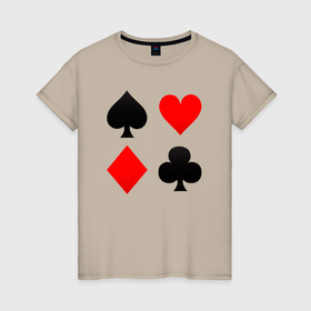 Женская футболка хлопок с принтом Четыре масти игральных карт в Новосибирске, 100% хлопок | прямой крой, круглый вырез горловины, длина до линии бедер, слегка спущенное плечо | Тематика изображения на принте: 