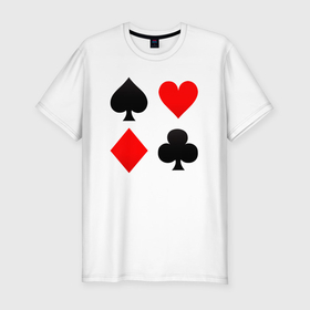 Мужская футболка хлопок Slim с принтом Четыре масти игральных карт в Новосибирске, 92% хлопок, 8% лайкра | приталенный силуэт, круглый вырез ворота, длина до линии бедра, короткий рукав | 