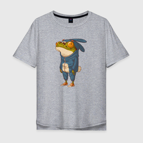 Мужская футболка хлопок Oversize с принтом Странная лягуха заяц в Белгороде, 100% хлопок | свободный крой, круглый ворот, “спинка” длиннее передней части | жаба | заяц | костюм зайца | лягуха | лягушка