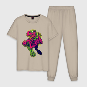 Мужская пижама хлопок с принтом Кибернетический тиранозавр в Тюмени, 100% хлопок | брюки и футболка прямого кроя, без карманов, на брюках мягкая резинка на поясе и по низу штанин
 | 