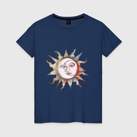 Женская футболка хлопок с принтом Солнце и луна   Солнцестояние в Екатеринбурге, 100% хлопок | прямой крой, круглый вырез горловины, длина до линии бедер, слегка спущенное плечо | 