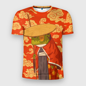 Мужская футболка 3D Slim с принтом Самурай хранитель в Белгороде, 100% полиэстер с улучшенными характеристиками | приталенный силуэт, круглая горловина, широкие плечи, сужается к линии бедра | воин | жаба | лягуха | лягушка | самурай | старый самурай | япония