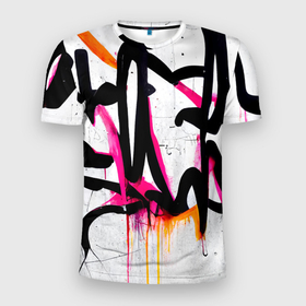 Мужская футболка 3D Slim с принтом Крупные граффити узоры в Тюмени, 100% полиэстер с улучшенными характеристиками | приталенный силуэт, круглая горловина, широкие плечи, сужается к линии бедра | Тематика изображения на принте: black | graffiti | grunge | letters | paint | splashes | street | style | text | white | young | белый | брызги | буквы | гранж | граффити | краска | молодежный | надписи | разводы | стиль | текст | уличный | черный