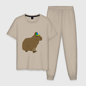 Мужская пижама хлопок с принтом Капибара с кепкой пропеллером , 100% хлопок | брюки и футболка прямого кроя, без карманов, на брюках мягкая резинка на поясе и по низу штанин
 | 