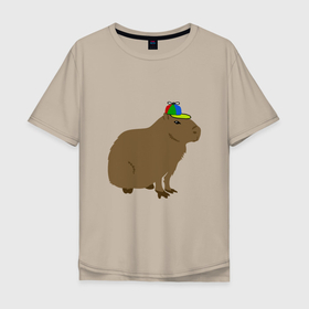 Мужская футболка хлопок Oversize с принтом Капибара с кепкой пропеллером в Екатеринбурге, 100% хлопок | свободный крой, круглый ворот, “спинка” длиннее передней части | 