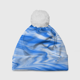 Шапка 3D c помпоном с принтом Бело синий абстрактный фон Волны в Екатеринбурге, 100% полиэстер | универсальный размер, печать по всей поверхности изделия | Тематика изображения на принте: 