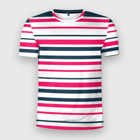 Мужская футболка 3D Slim с принтом Красные и синие полосы на белом в Кировске, 100% полиэстер с улучшенными характеристиками | приталенный силуэт, круглая горловина, широкие плечи, сужается к линии бедра | 