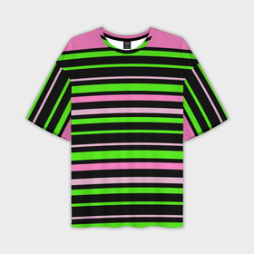 Мужская футболка oversize 3D с принтом Полосаты узор в зелено розовых оттенках на черном в Екатеринбурге,  |  | Тематика изображения на принте: 