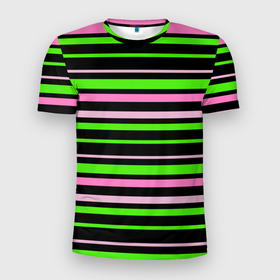 Мужская футболка 3D Slim с принтом Полосаты узор в зелено розовых оттенках на черном в Екатеринбурге, 100% полиэстер с улучшенными характеристиками | приталенный силуэт, круглая горловина, широкие плечи, сужается к линии бедра | 