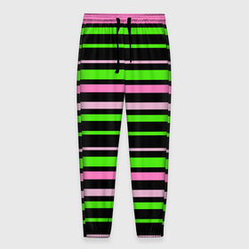 Мужские брюки 3D с принтом Полосаты узор в зелено розовых оттенках на черном в Тюмени, 100% полиэстер | манжеты по низу, эластичный пояс регулируется шнурком, по бокам два кармана без застежек, внутренняя часть кармана из мелкой сетки | 