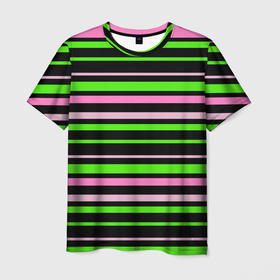 Мужская футболка 3D с принтом Полосаты узор в зелено розовых оттенках на черном , 100% полиэфир | прямой крой, круглый вырез горловины, длина до линии бедер | 