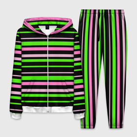 Мужской костюм 3D с принтом Полосаты узор в зелено розовых оттенках на черном , 100% полиэстер | Манжеты и пояс оформлены тканевой резинкой, двухслойный капюшон со шнурком для регулировки, карманы спереди | 