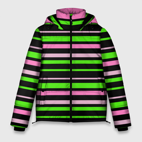 Мужская зимняя куртка 3D с принтом Полосаты узор в зелено розовых оттенках на черном в Екатеринбурге, верх — 100% полиэстер; подкладка — 100% полиэстер; утеплитель — 100% полиэстер | длина ниже бедра, свободный силуэт Оверсайз. Есть воротник-стойка, отстегивающийся капюшон и ветрозащитная планка. 

Боковые карманы с листочкой на кнопках и внутренний карман на молнии. | Тематика изображения на принте: 