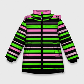 Зимняя куртка для девочек 3D с принтом Полосаты узор в зелено розовых оттенках на черном , ткань верха — 100% полиэстер; подклад — 100% полиэстер, утеплитель — 100% полиэстер. | длина ниже бедра, удлиненная спинка, воротник стойка и отстегивающийся капюшон. Есть боковые карманы с листочкой на кнопках, утяжки по низу изделия и внутренний карман на молнии. 

Предусмотрены светоотражающий принт на спинке, радужный светоотражающий элемент на пуллере молнии и на резинке для утяжки. | 