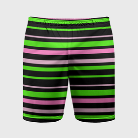 Мужские шорты спортивные с принтом Полосаты узор в зелено розовых оттенках на черном ,  |  | 