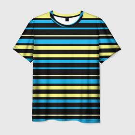 Мужская футболка 3D с принтом Желто голубые полосы на черном фоне в Екатеринбурге, 100% полиэфир | прямой крой, круглый вырез горловины, длина до линии бедер | Тематика изображения на принте: 