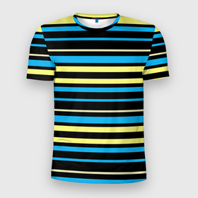 Мужская футболка 3D Slim с принтом Желто голубые полосы на черном фоне , 100% полиэстер с улучшенными характеристиками | приталенный силуэт, круглая горловина, широкие плечи, сужается к линии бедра | Тематика изображения на принте: 