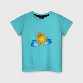 Детская футболка хлопок с принтом Солнышко и облака , 100% хлопок | круглый вырез горловины, полуприлегающий силуэт, длина до линии бедер | 