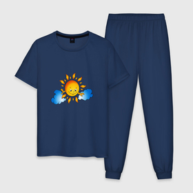 Мужская пижама хлопок с принтом Солнышко и облака в Петрозаводске, 100% хлопок | брюки и футболка прямого кроя, без карманов, на брюках мягкая резинка на поясе и по низу штанин
 | Тематика изображения на принте: 