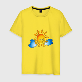 Мужская футболка хлопок с принтом Солнышко и облака в Петрозаводске, 100% хлопок | прямой крой, круглый вырез горловины, длина до линии бедер, слегка спущенное плечо. | Тематика изображения на принте: 