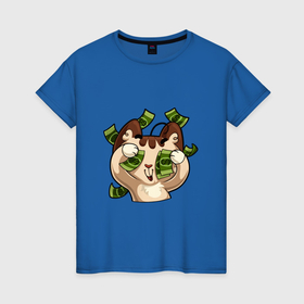 Женская футболка хлопок с принтом Кот любит денежки в Белгороде, 100% хлопок | прямой крой, круглый вырез горловины, длина до линии бедер, слегка спущенное плечо | 