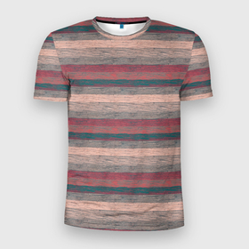 Мужская футболка 3D Slim с принтом Серые, бежевые, красные полосы с текстурой дерева в Белгороде, 100% полиэстер с улучшенными характеристиками | приталенный силуэт, круглая горловина, широкие плечи, сужается к линии бедра | 