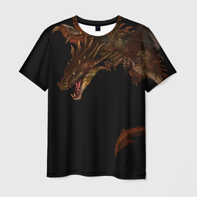 Мужская футболка 3D с принтом Летящий дракон в темноте , 100% полиэфир | прямой крой, круглый вырез горловины, длина до линии бедер | 