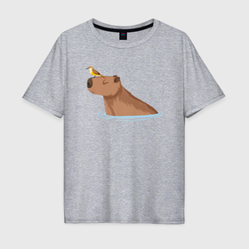 Мужская футболка хлопок Oversize с принтом Капибара в водичке с птичкой в Новосибирске, 100% хлопок | свободный крой, круглый ворот, “спинка” длиннее передней части | 