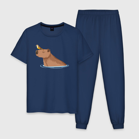 Мужская пижама хлопок с принтом Капибара в водичке с птичкой в Петрозаводске, 100% хлопок | брюки и футболка прямого кроя, без карманов, на брюках мягкая резинка на поясе и по низу штанин
 | 