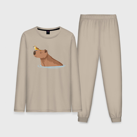 Мужская пижама с лонгсливом хлопок с принтом Капибара в водичке с птичкой в Петрозаводске,  |  | Тематика изображения на принте: 