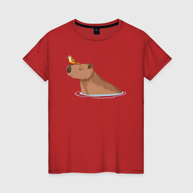 Женская футболка хлопок с принтом Капибара в водичке с птичкой в Петрозаводске, 100% хлопок | прямой крой, круглый вырез горловины, длина до линии бедер, слегка спущенное плечо | Тематика изображения на принте: 