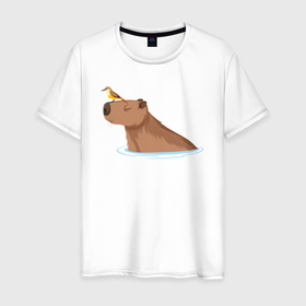Мужская футболка хлопок с принтом Капибара в водичке с птичкой в Тюмени, 100% хлопок | прямой крой, круглый вырез горловины, длина до линии бедер, слегка спущенное плечо. | 